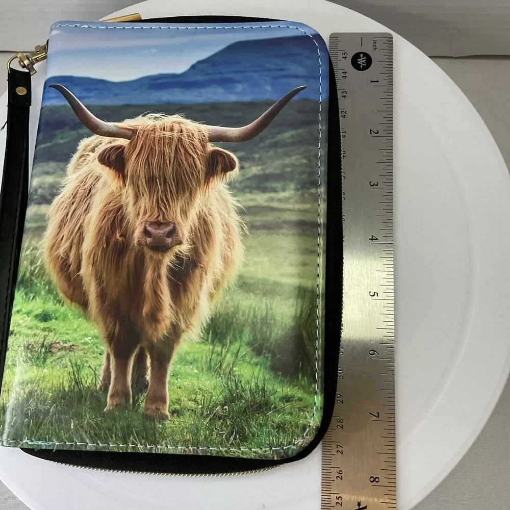 Highland Cow PU Leather Zip Around Portfolio Padfolio Organizer Card Slots 8 X 4